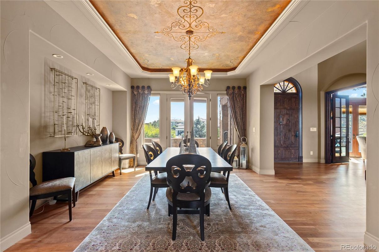 Chandelier, Dining room, Interior, Wood Texture Flooring