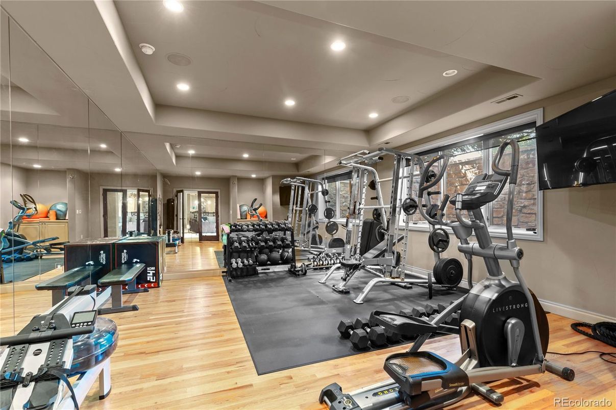 Fitness Equipment, Gym, Interior, Recessed Lighting, Wood Texture Flooring