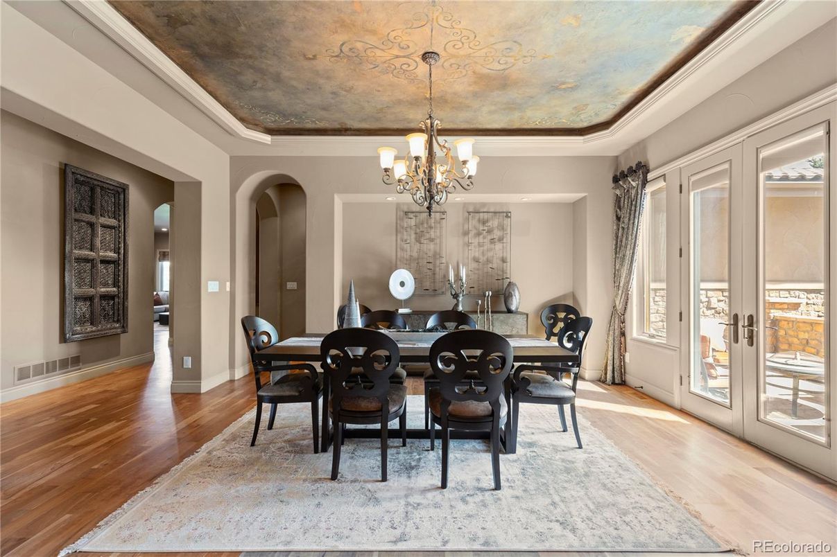 Chandelier, Dining room, Interior, Wood Texture Flooring