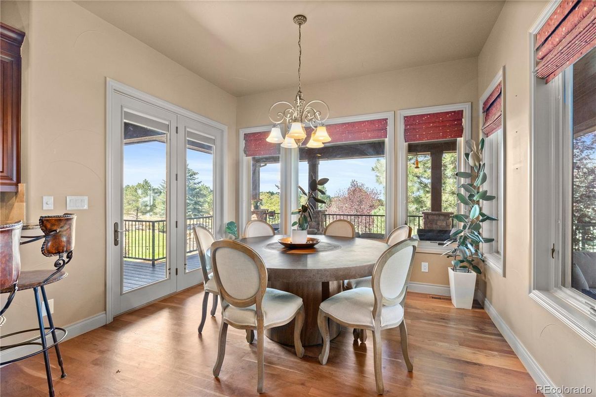 Chandelier, Dining room, Interior, Wood Texture Flooring