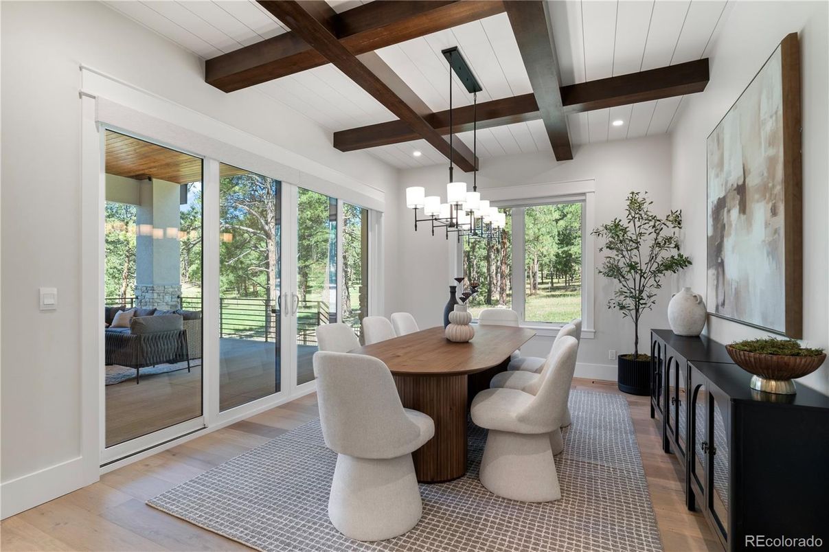 Chandelier, Dining room, Interior, Recessed Lighting, Wooden Beams, Wood Texture Flooring