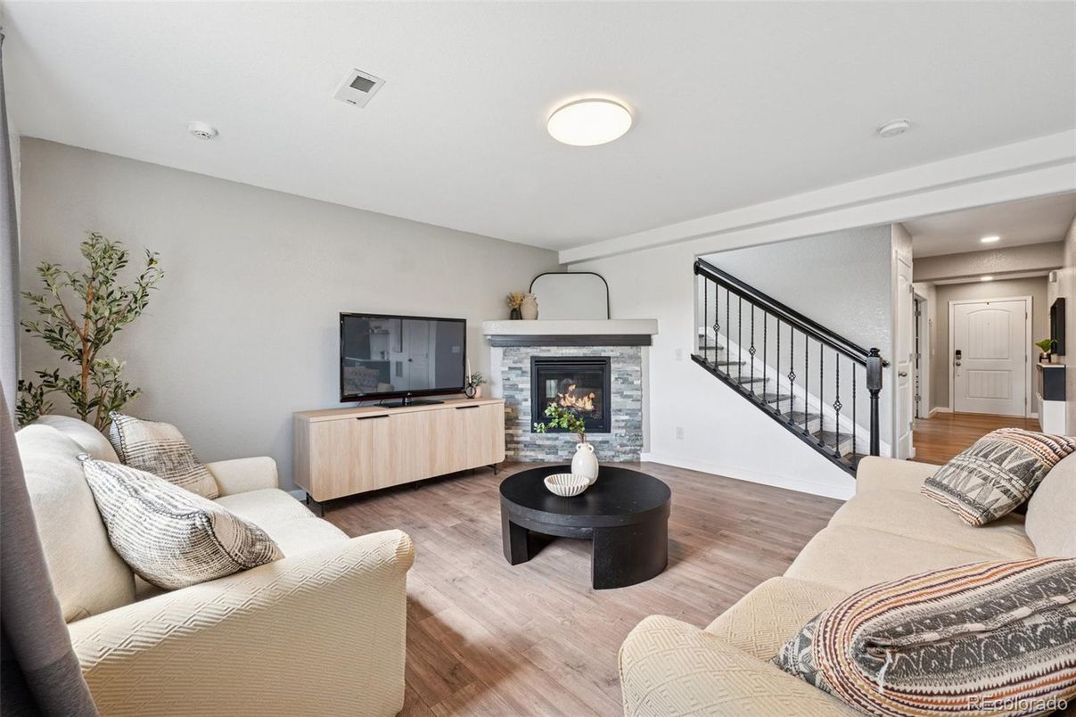 Fireplace, Interior, Living room, Recessed Lighting, Wood Texture Flooring