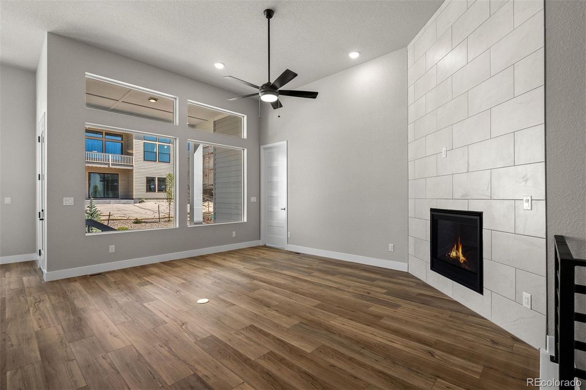 Empty room, Fireplace, Interior, Recessed Lighting, Wood Texture Flooring