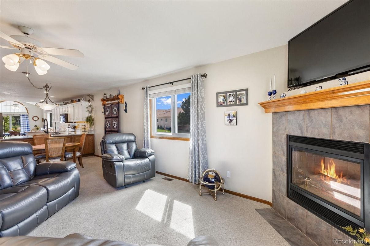 Dining room, Fireplace, Interior, Living room, Pendant Lights
