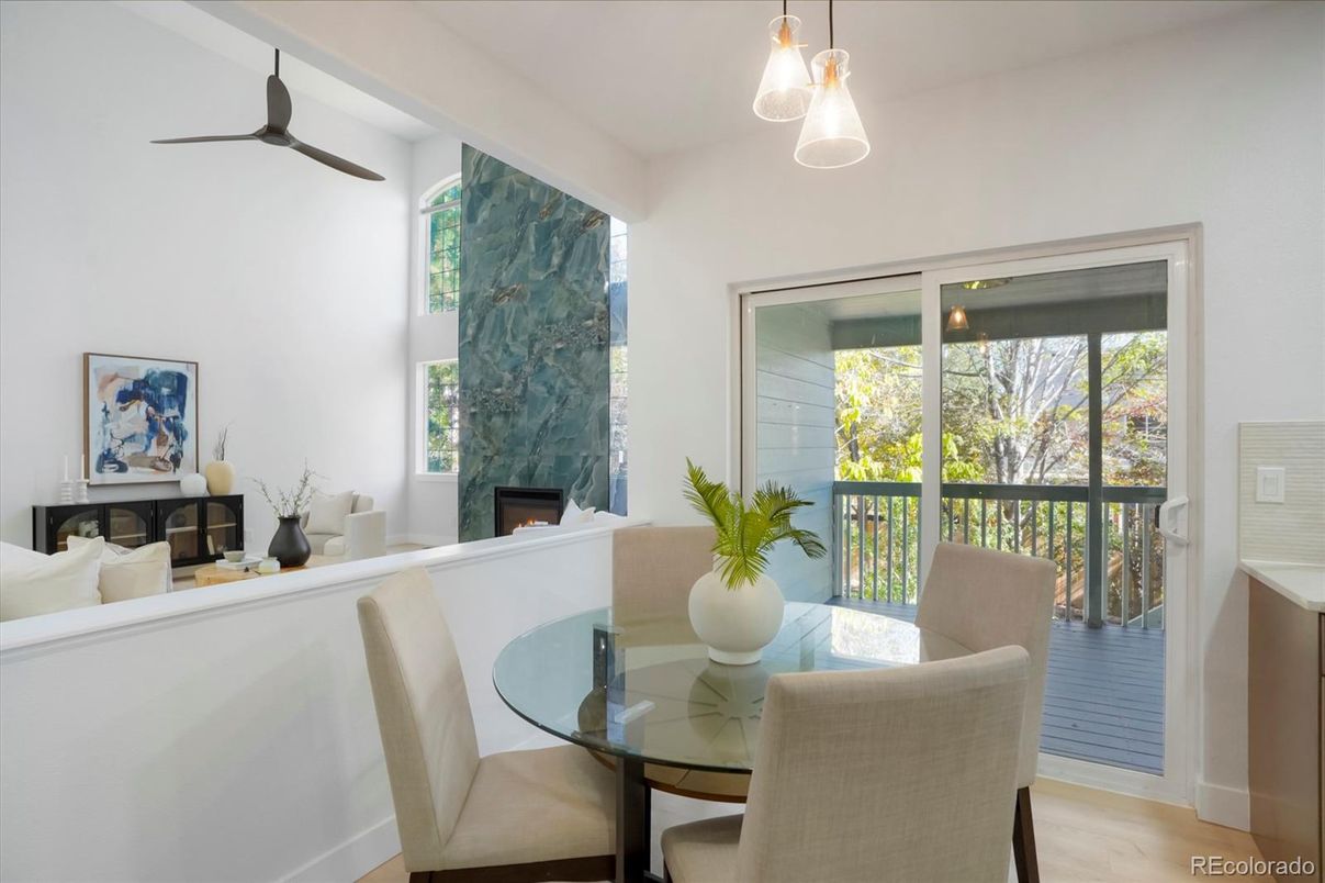 Dining room, Fireplace, Interior, Pendant Lights, Wood Texture Flooring