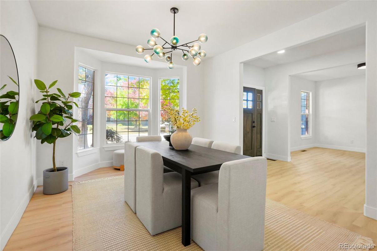 Dining room, Interior, Pendant Lights, Recessed Lighting, Wood Texture Flooring