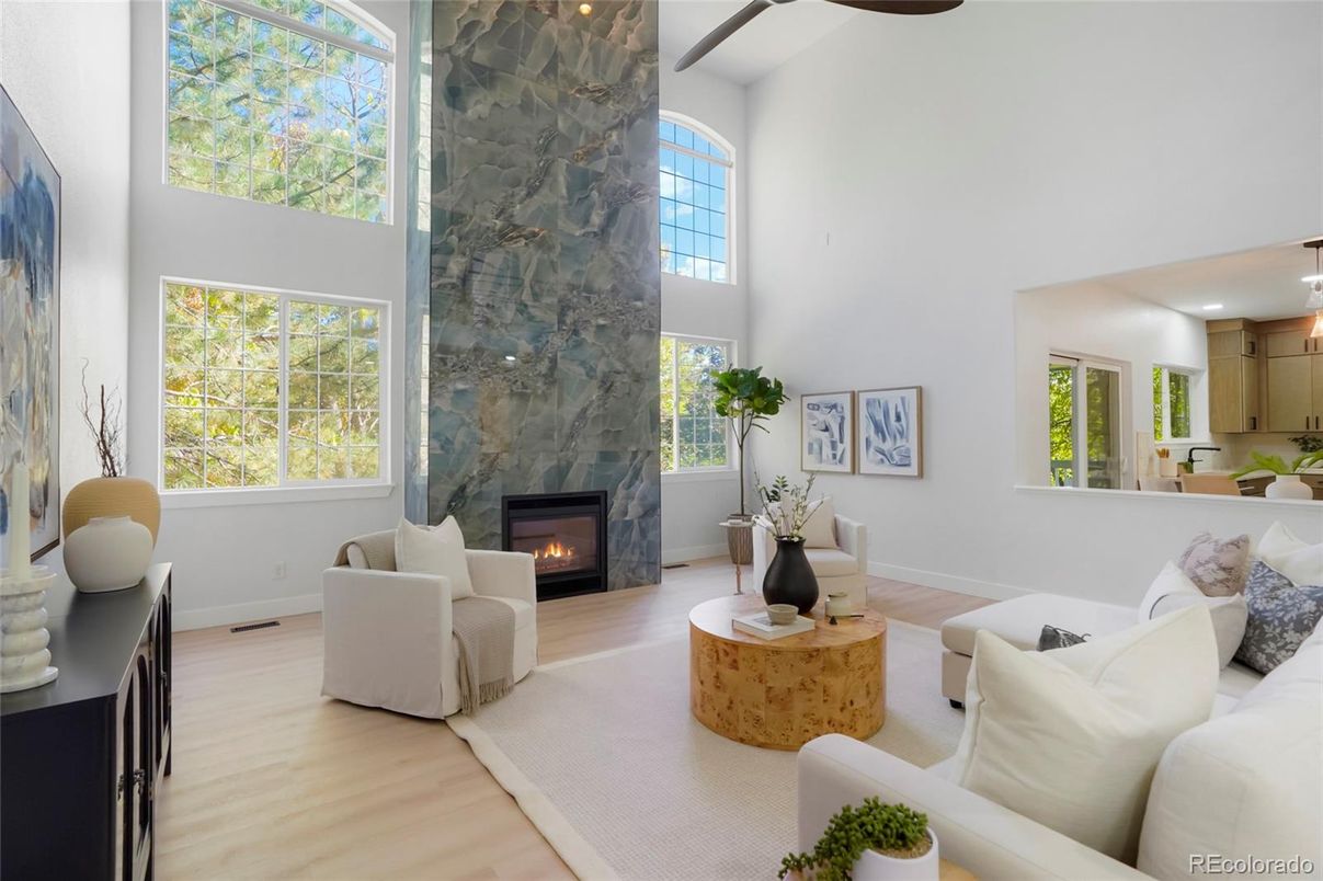 Fireplace, Interior, Living room, Pendant Lights, Wood Texture Flooring