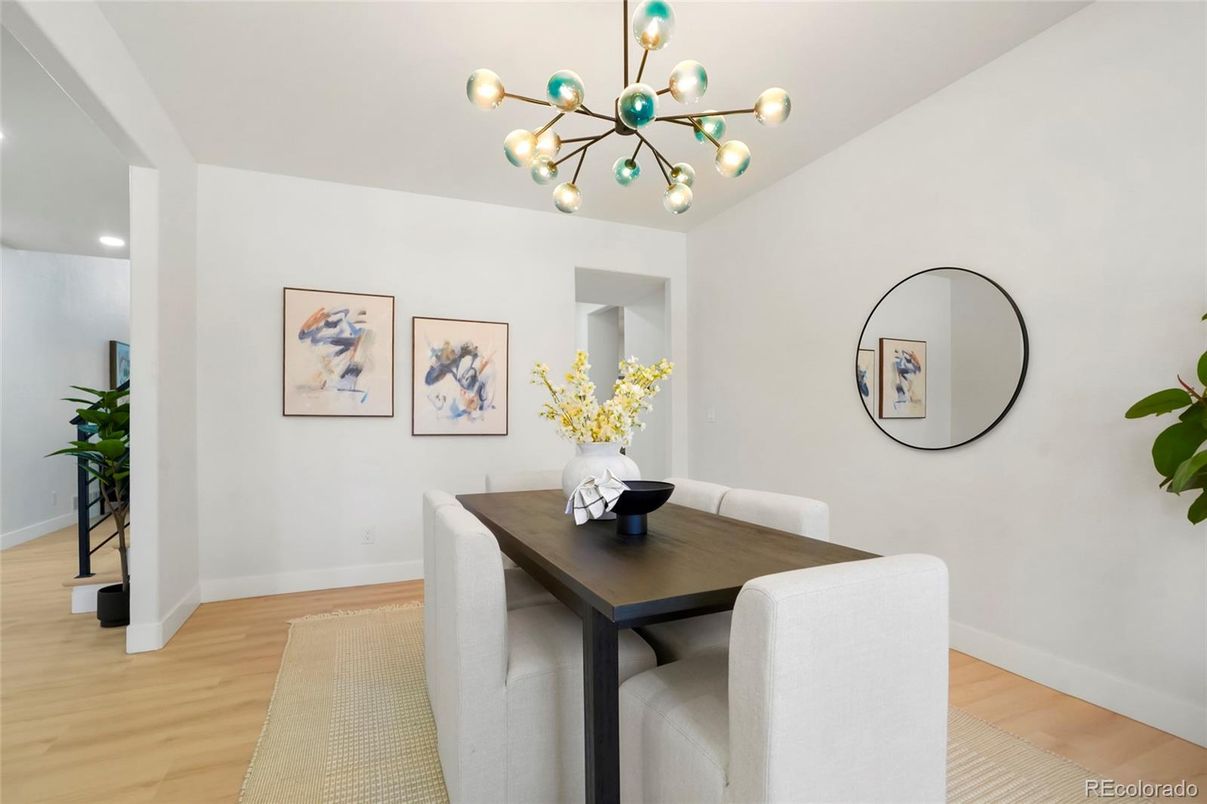Dining room, Interior, Pendant Lights, Recessed Lighting, Wood Texture Flooring