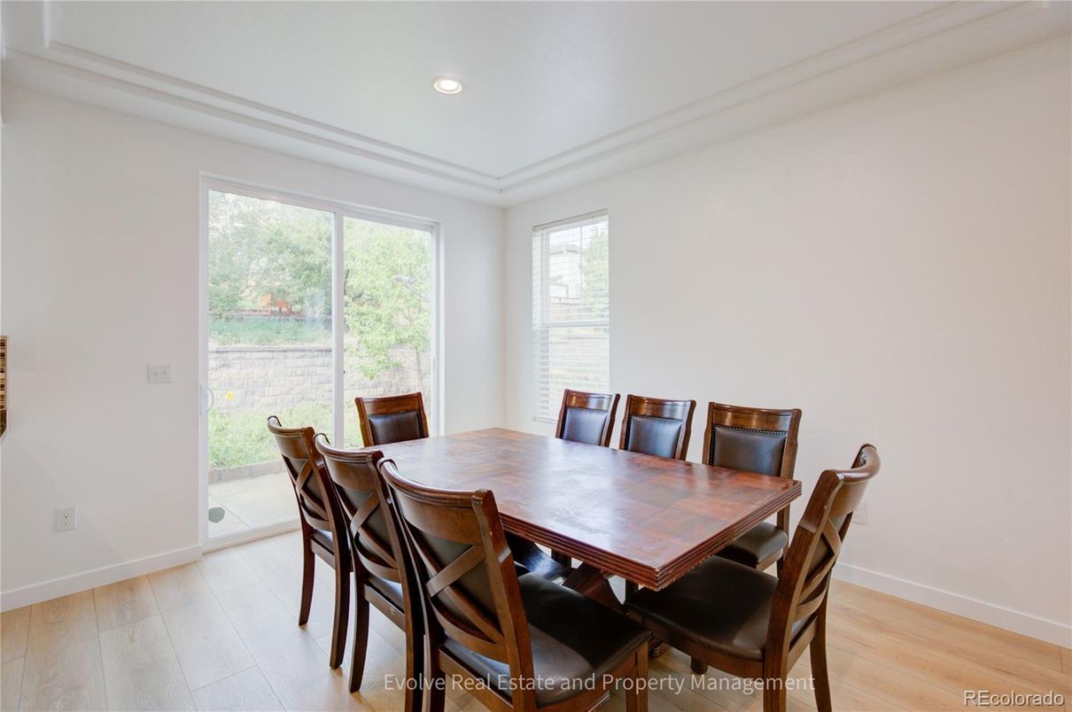 Dining room, Interior, Recessed Lighting, Wood Texture Flooring