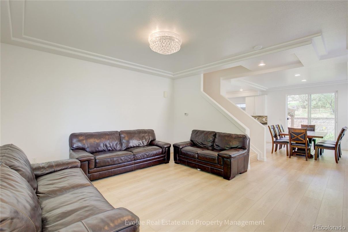 Dining room, Interior, Living room, Recessed Lighting, Wood Texture Flooring