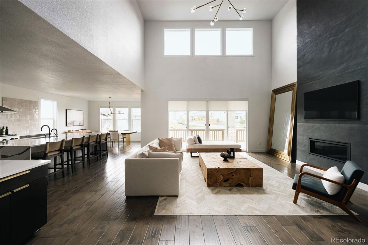 Dining room, Fireplace, Interior, Living room, Pendant Lights, Wood Texture Flooring