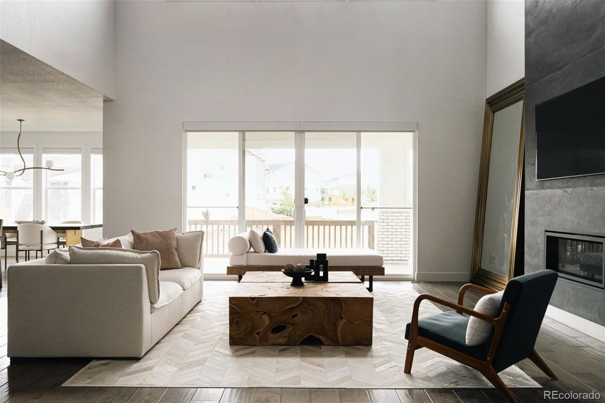 Dining room, Fireplace, Interior, Living room, Pendant Lights, Wood Texture Flooring