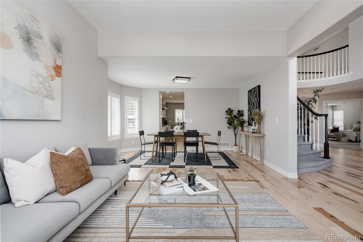 Dining room, Interior, Living room, Recessed Lighting, Wood Texture Flooring