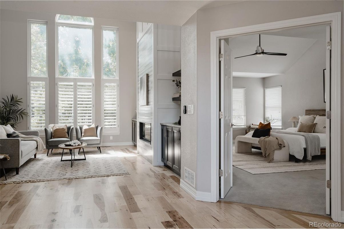 Bedroom, Fireplace, Interior, Living room, Wood Texture Flooring