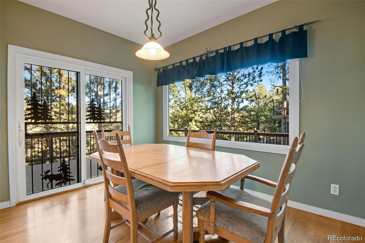 Dining room, Interior, Pendant Lights, Wood Texture Flooring