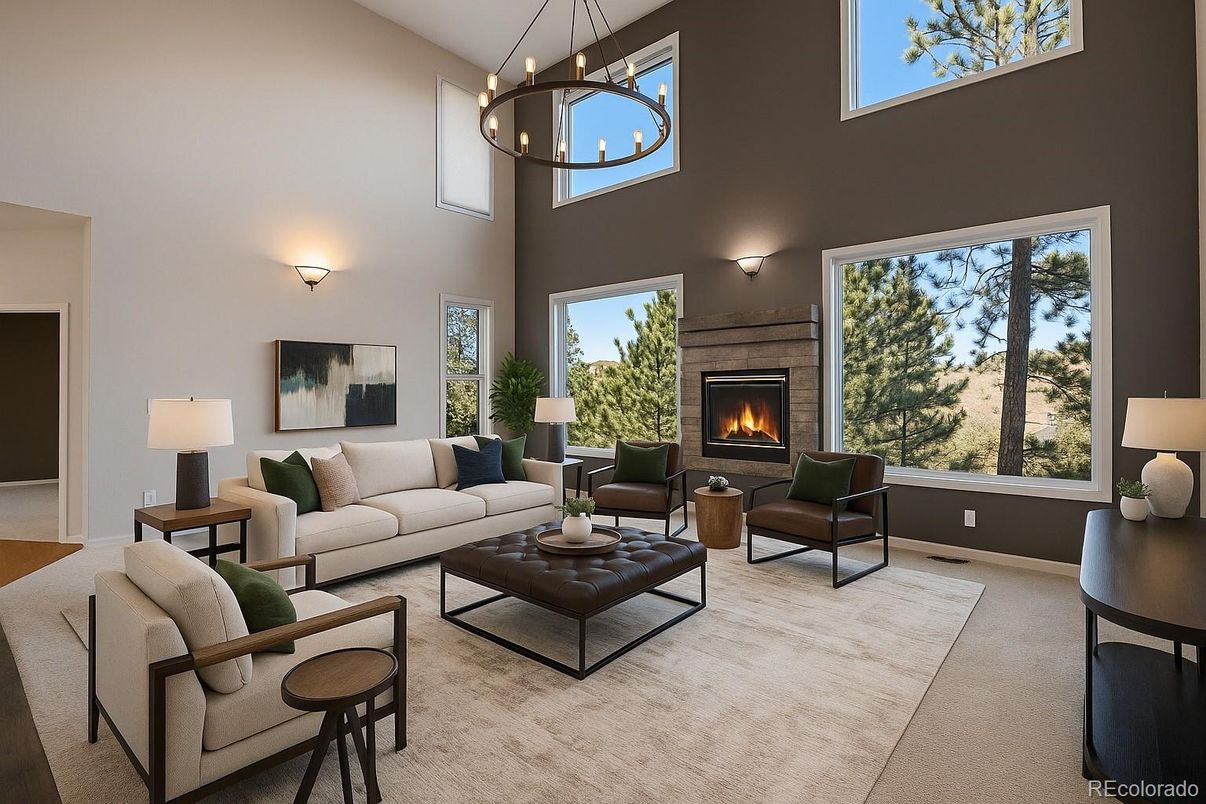 Fireplace, Interior, Living room, Pendant Lights