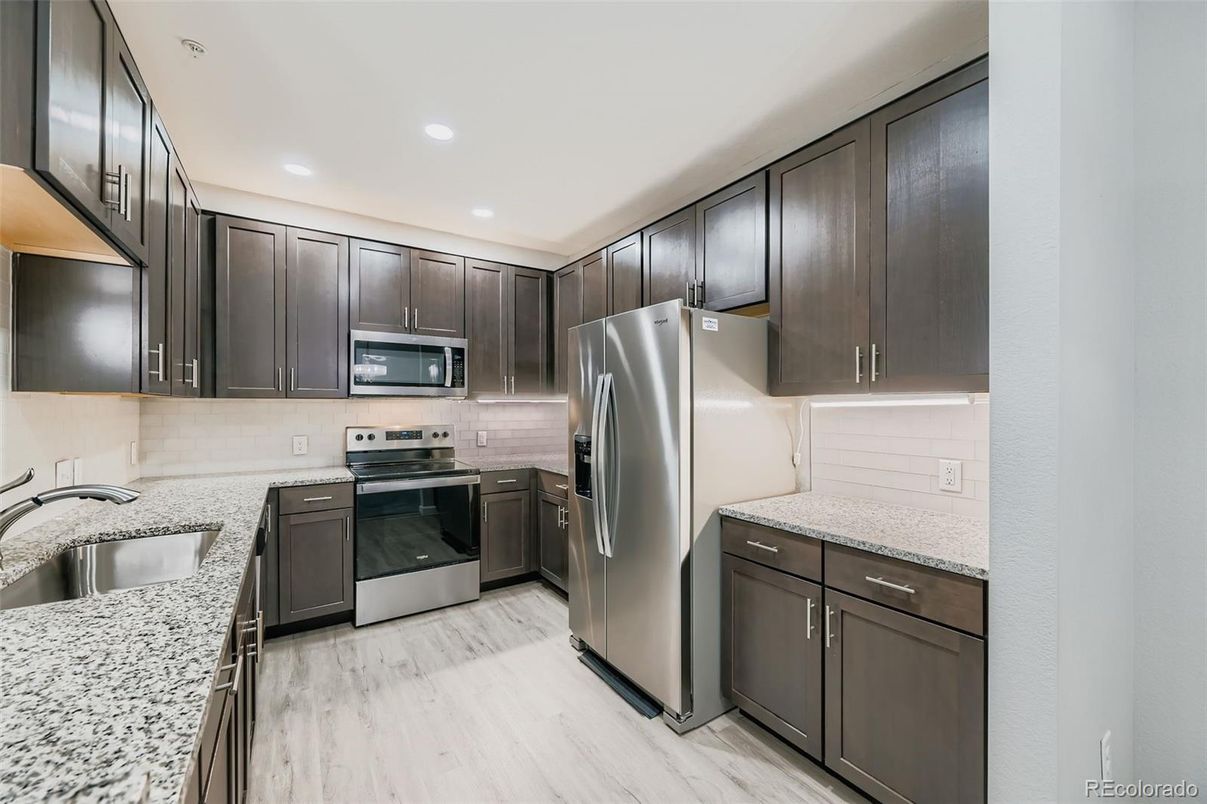 Interior, Kitchen, Recessed Lighting, Stainless Steel Appliances, Wood Texture Flooring