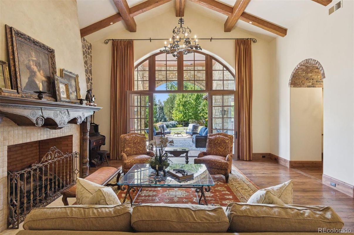 Chandelier, Fireplace, Interior, Living room, Wooden Beams, Wood Texture Flooring