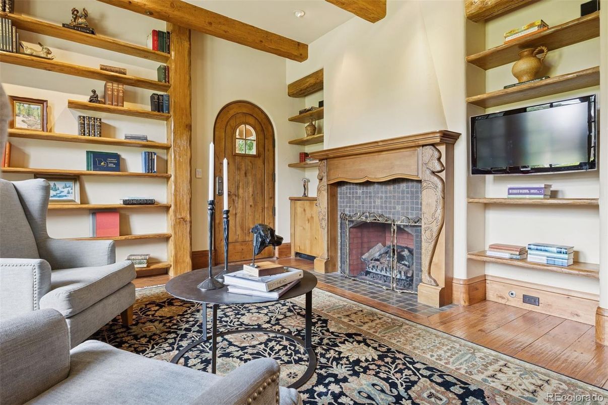 Fireplace, Interior, Recessed Lighting, Wooden Beams, Wood Texture Flooring