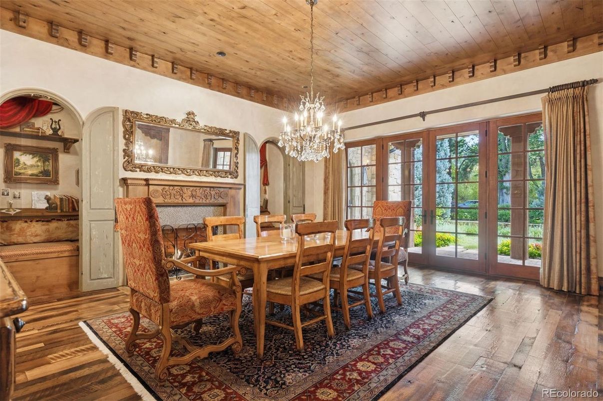 Chandelier, Dining room, Fireplace, Interior, Wooden Ceilings, Wood Texture Flooring