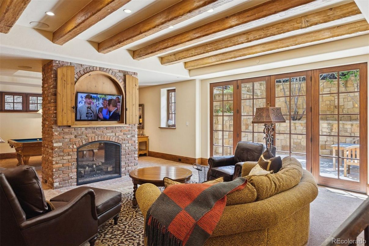 Billiard Table, Fireplace, Game Room, Interior, Living room, Recessed Lighting, Wooden Beams