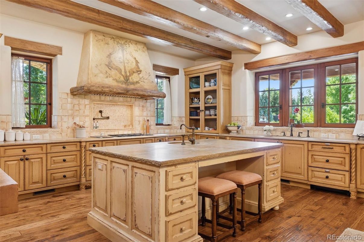 Interior, Kitchen, Recessed Lighting, Wooden Beams, Wood Texture Flooring