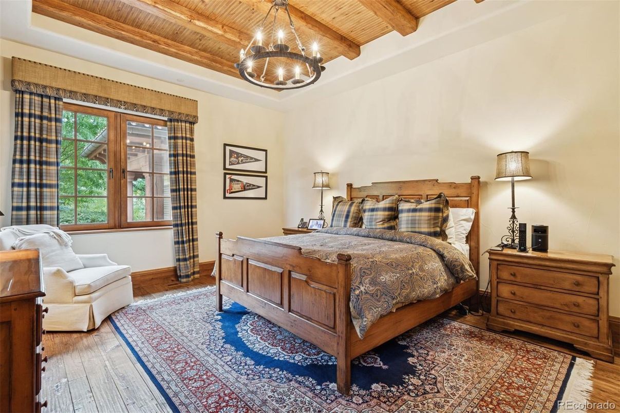 Bedroom, Chandelier, Interior, Pendant Lights, Wooden Beams, Wooden Ceilings, Wood Texture Flooring