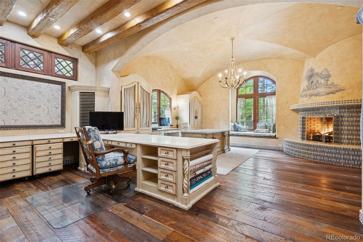 Chandelier, Fireplace, Home Office, Interior, Recessed Lighting, Wooden Beams, Wood Texture Flooring