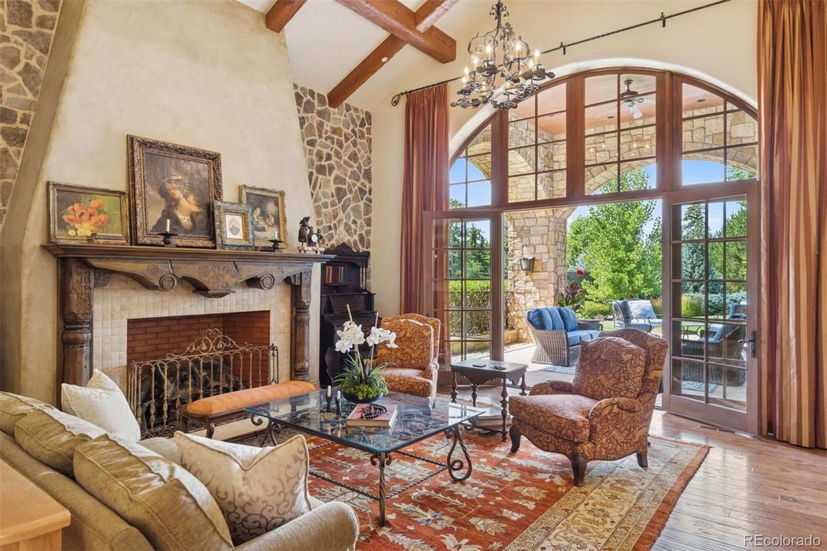 Chandelier, Fireplace, Interior, Living room, Wooden Beams, Wood Texture Flooring