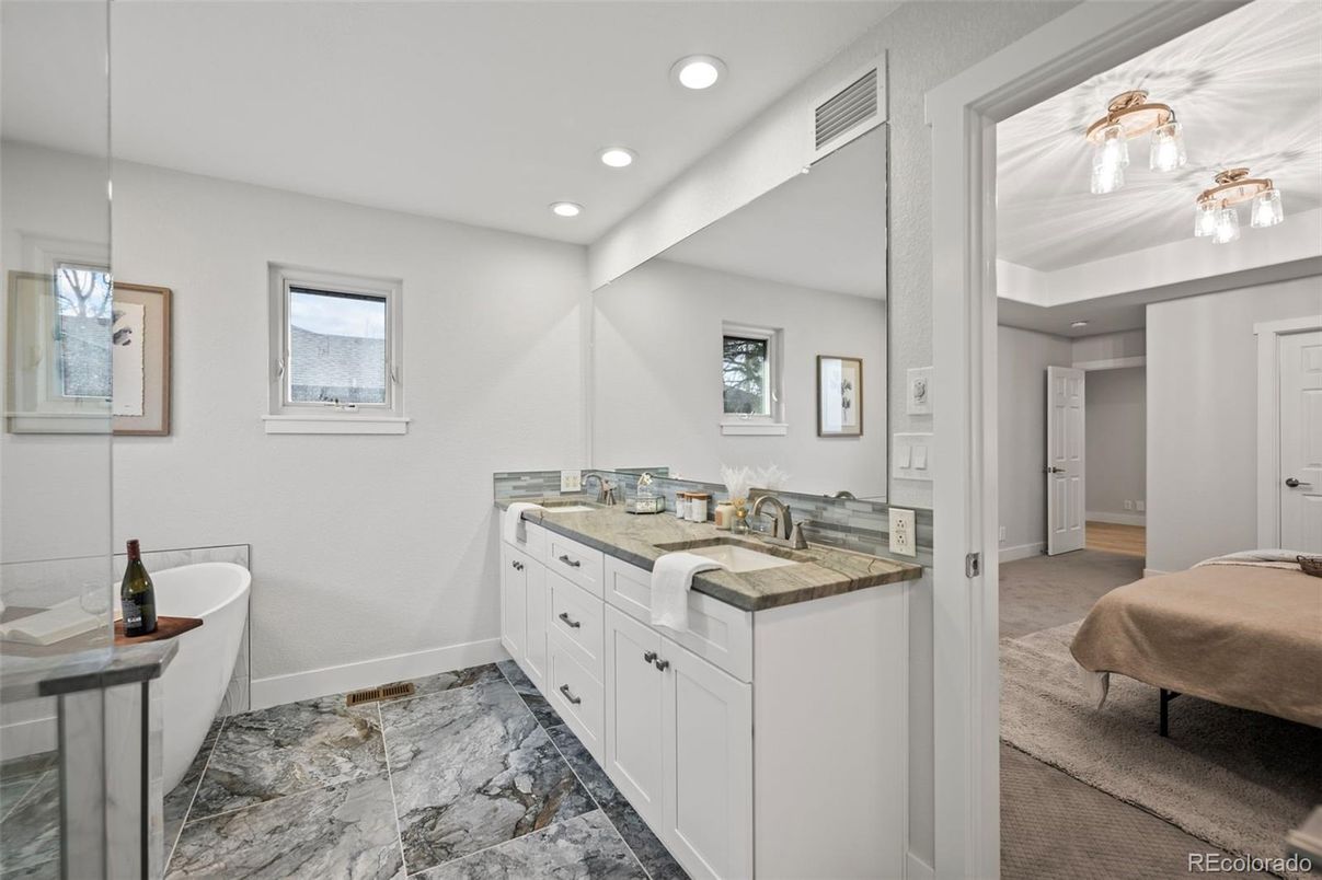 Bathroom, Dual Sink Vanities, Free Standing Baths, Interior, Marble, Recessed Lighting