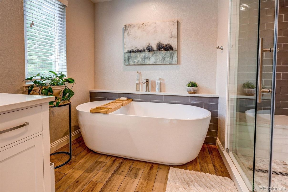 Bathroom, Free Standing Baths, Glass Shower, Interior, Wood Texture Flooring