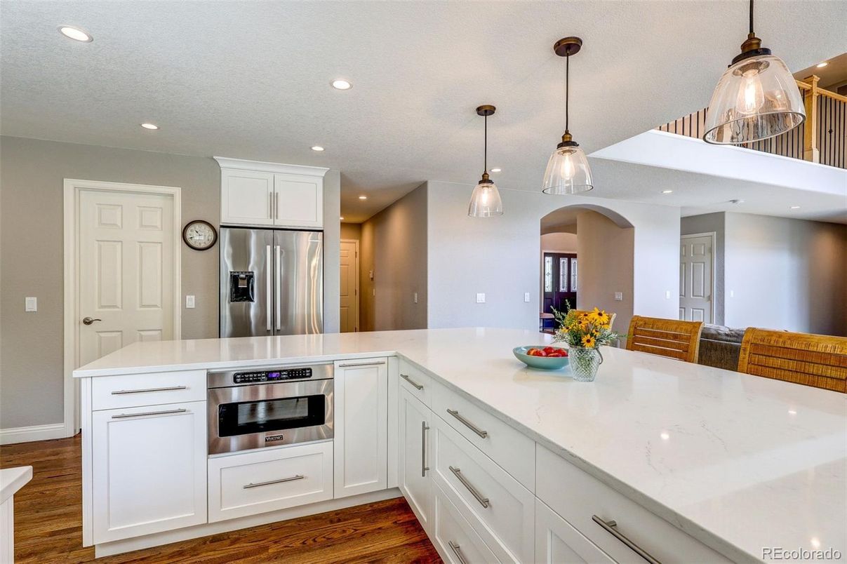 Interior, Kitchen, Pendant Lights, Recessed Lighting, Stainless Steel Appliances, Wood Texture Flooring