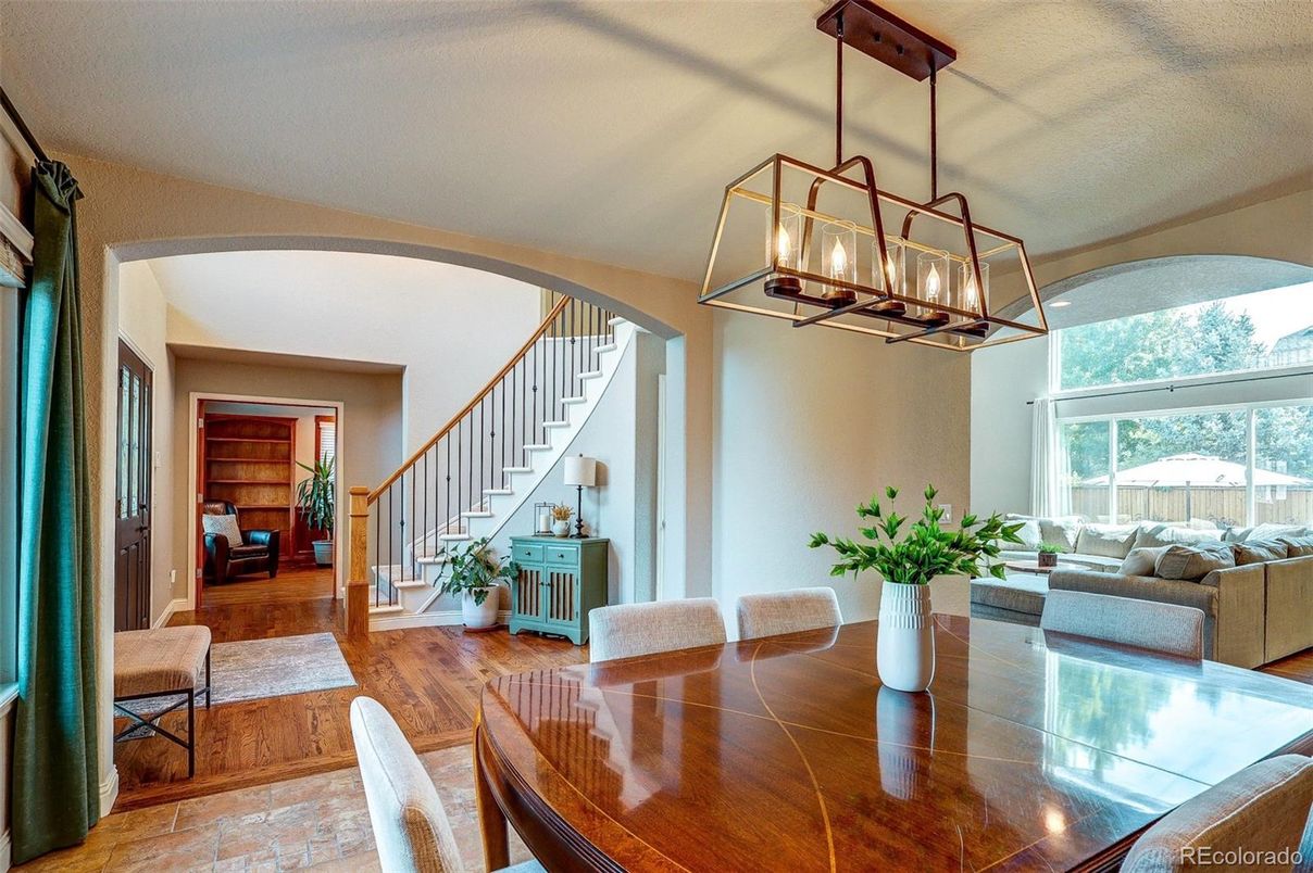 Dining room, Interior, Living room, Pendant Lights, Wood Texture Flooring