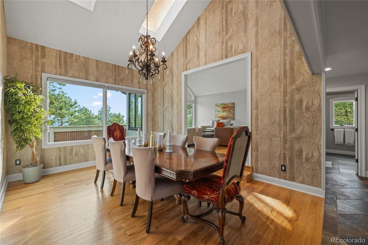 Chandelier, Dining room, Interior, Wood Texture Flooring