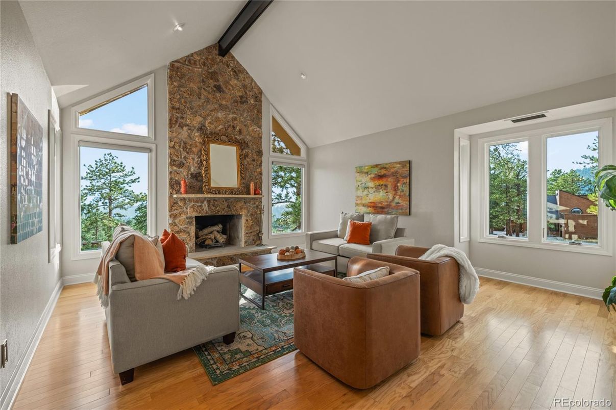 Fireplace, Interior, Living room, Stone Walls, Wood Texture Flooring