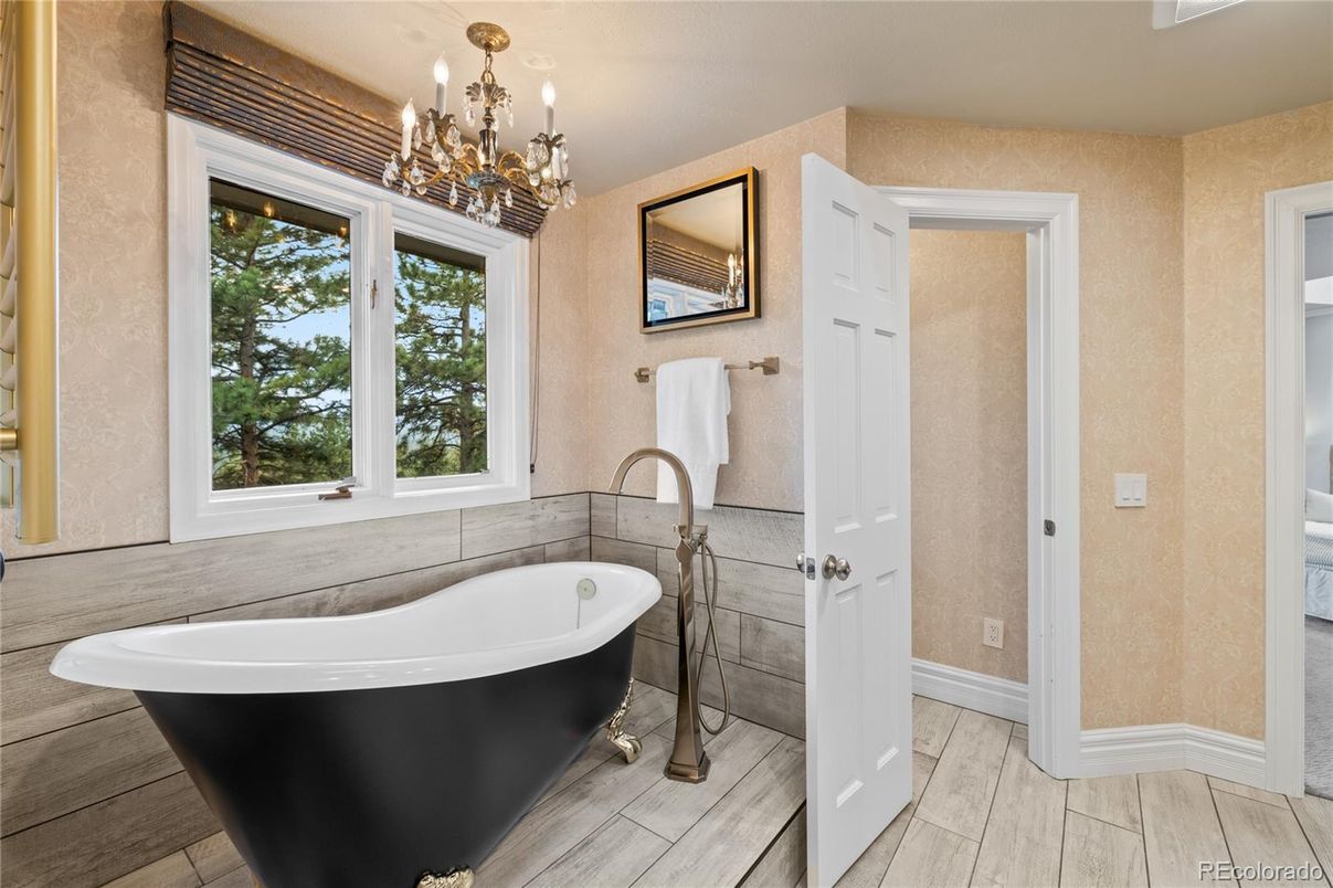 Bathroom, Chandelier, Free Standing Baths, Interior, Wood Texture Flooring