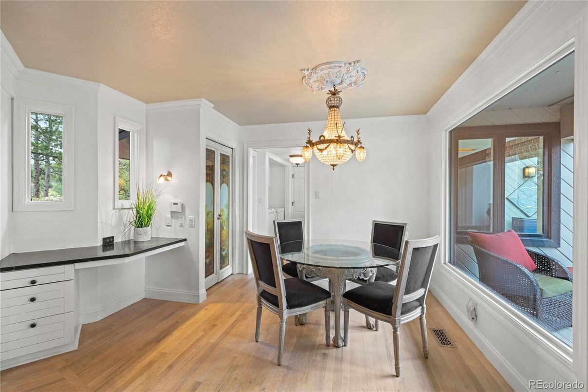 Chandelier, Dining room, Interior, Wood Texture Flooring