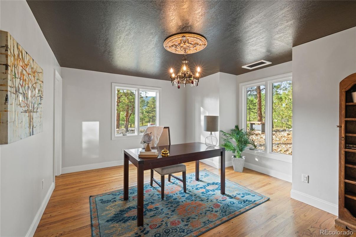 Chandelier, Home Office, Interior, Wood Texture Flooring