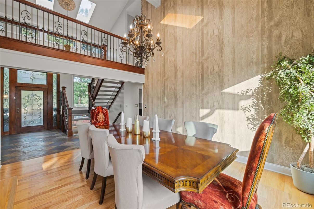 Chandelier, Dining room, Interior, Wood Texture Flooring
