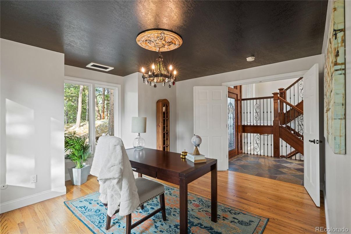 Chandelier, Home Office, Interior, Wood Texture Flooring