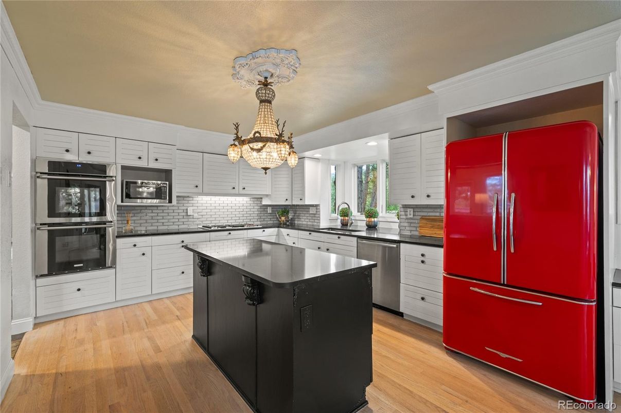 Chandelier, Interior, Kitchen, Recessed Lighting, Stainless Steel Appliances, Wood Texture Flooring