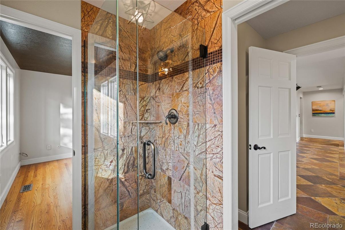 Bathroom, Glass Shower, Interior, Wood Texture Flooring