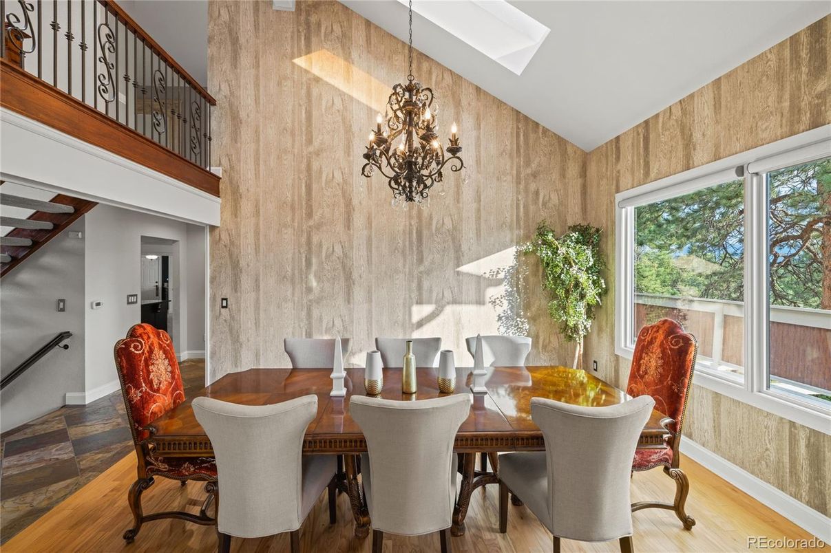 Chandelier, Dining room, Interior, Wood Texture Flooring