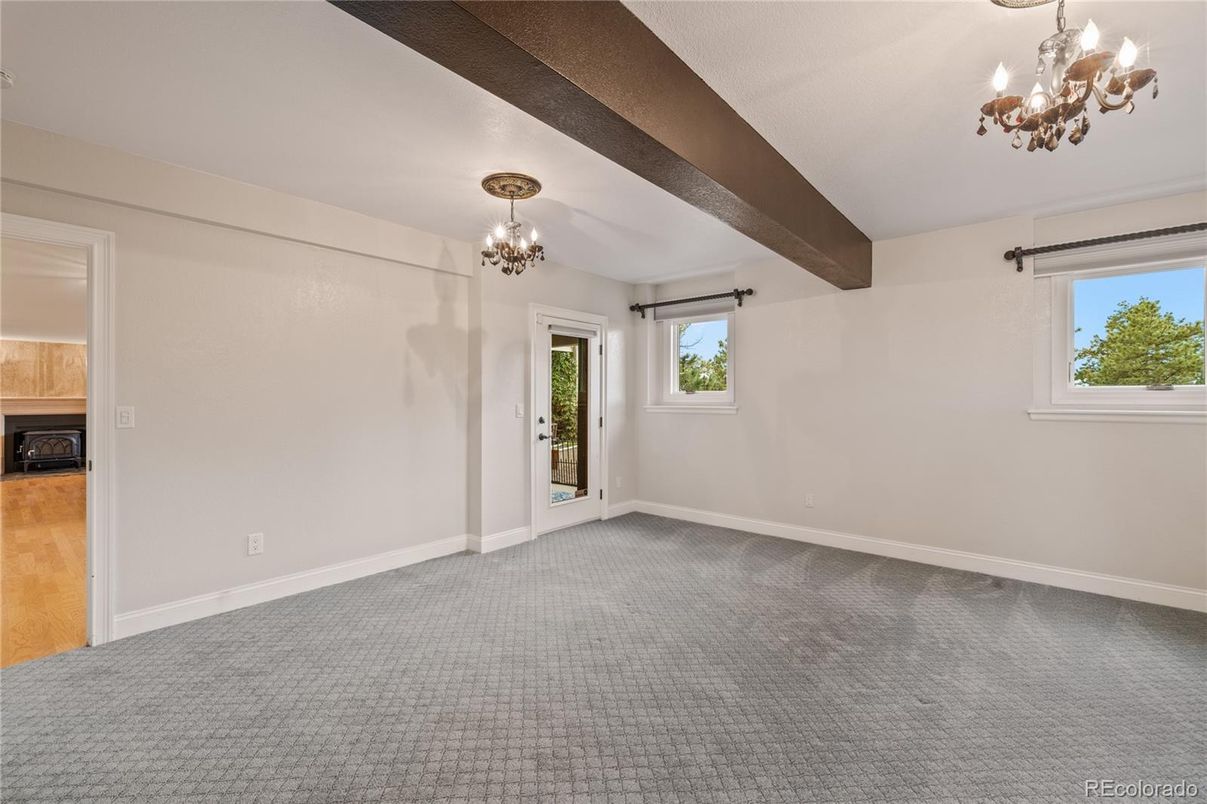 Chandelier, Empty room, Fireplace, Interior, Wooden Beams