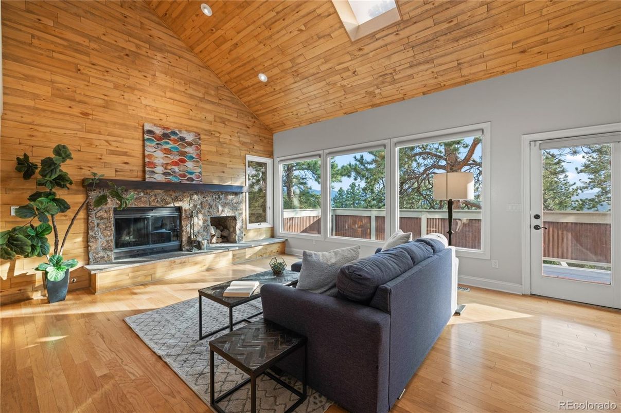 Fireplace, Interior, Living room, Recessed Lighting, Wooden Ceilings, Wood Texture Flooring, Wooden Walls