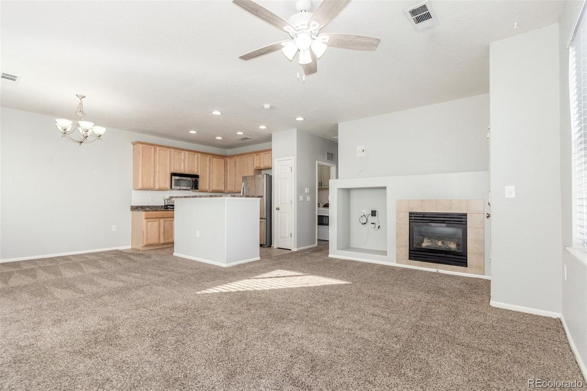 Chandelier, Empty room, Fireplace, Interior, Kitchen, Recessed Lighting