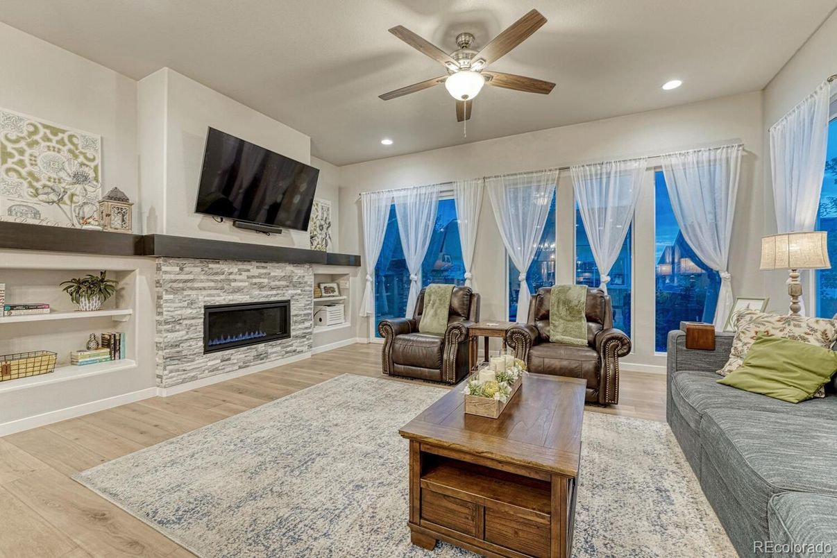 Fireplace, Interior, Living room, Recessed Lighting, Wood Texture Flooring