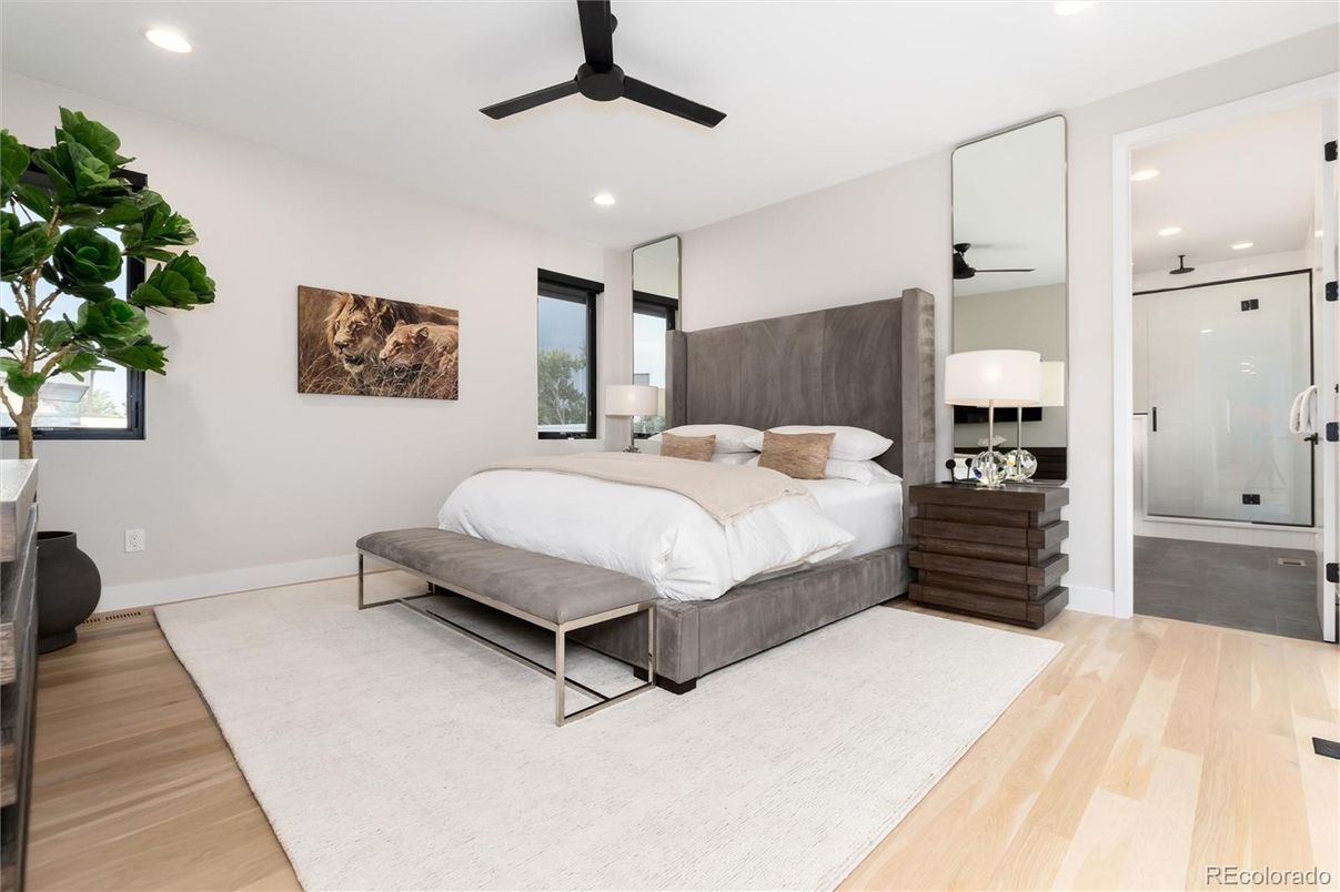 Bathroom, Bedroom, Glass Shower, Interior, Recessed Lighting, Wood Texture Flooring