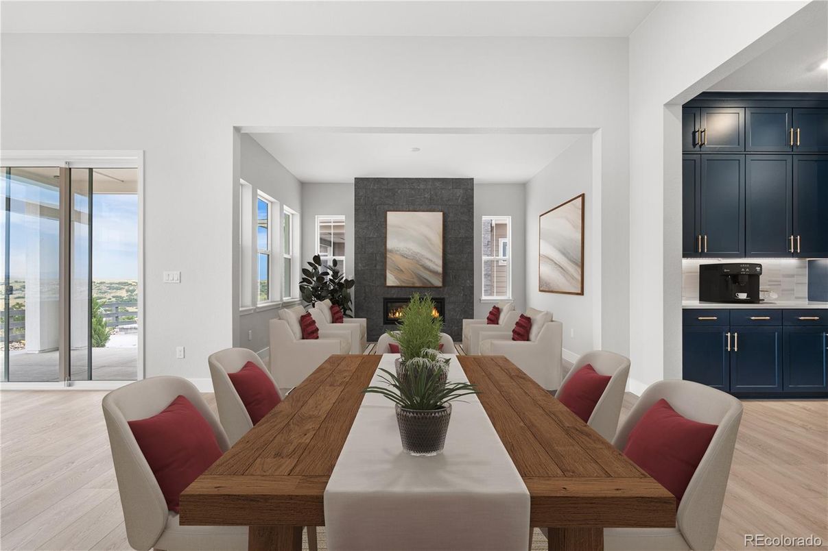 Dining room, Fireplace, Interior, Living room, Recessed Lighting, Wood Texture Flooring