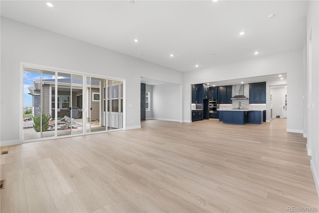 Empty room, Interior, Kitchen, Recessed Lighting, Wood Texture Flooring